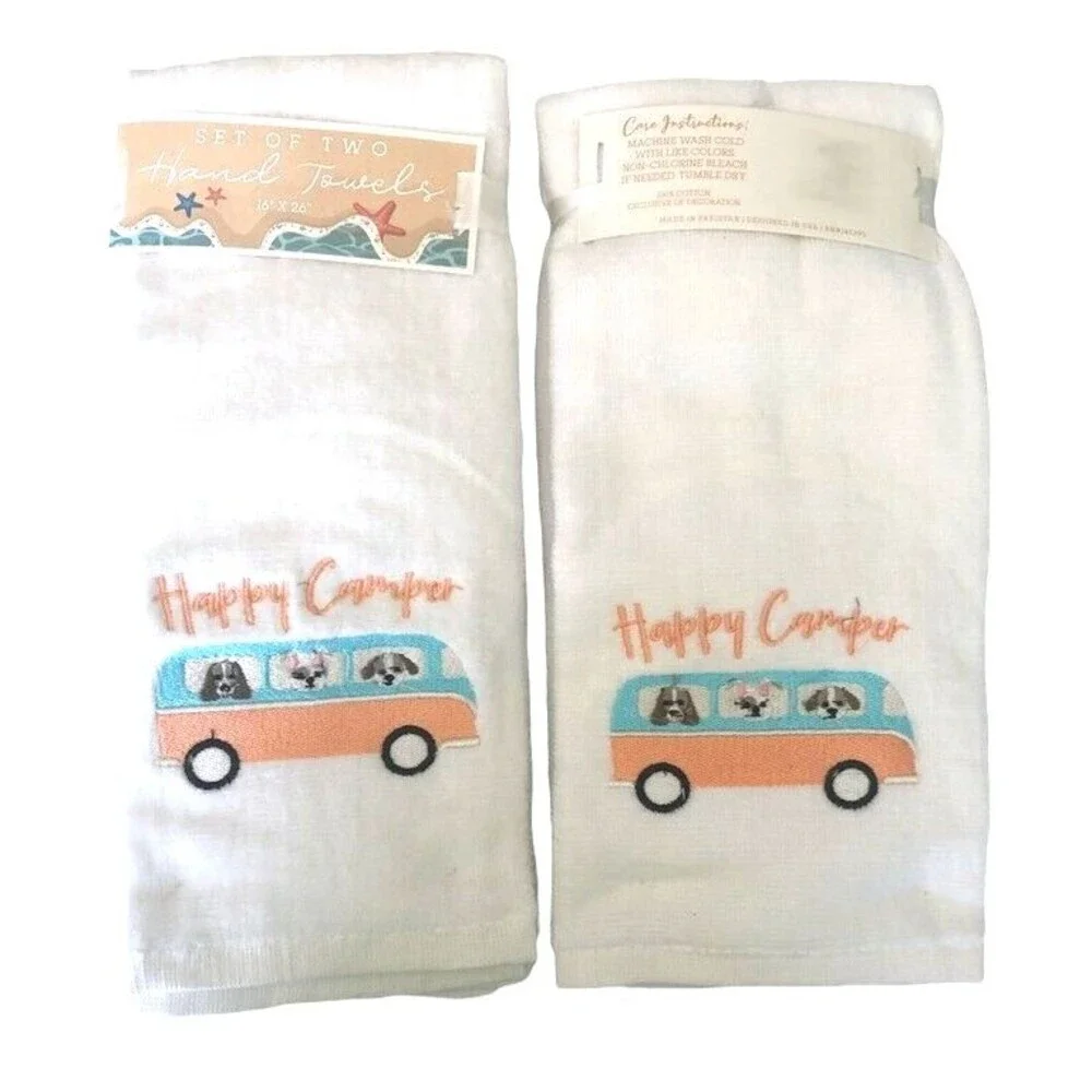 Happy Camper Hippie Bus Dogs Hand Towels Set of 2 Embroidered White Holiday